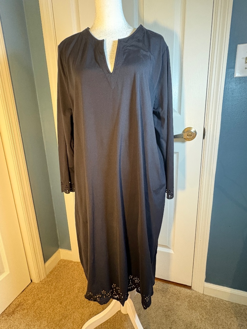 Women's Lands' End solid black swim dress/cover up with laser cut detail.